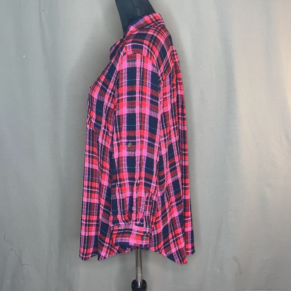 1X Intro Plaid Print Puckered Woven Long Roll-Tab Sleeve Button-Down Shirt - Picture 6 of 13